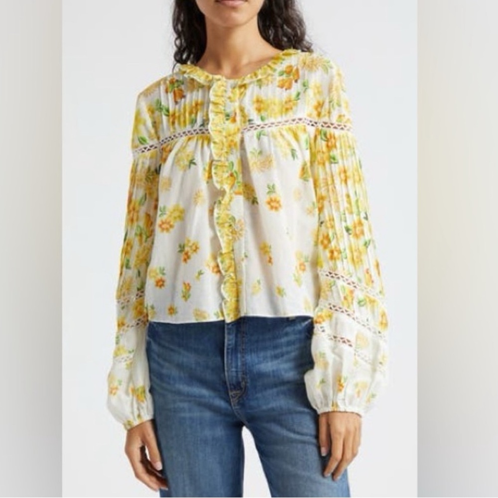 FARM Rio Yellow and White Ruffled Long Sleeve Blouse